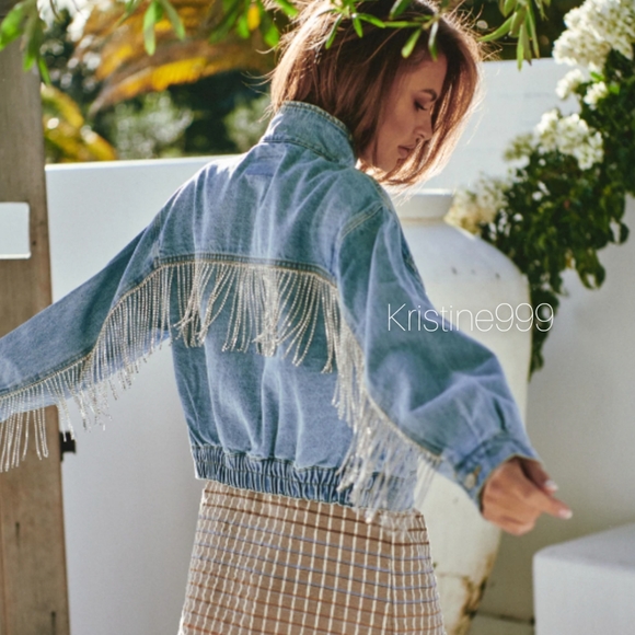 Free People Rhinestone Fringe Denim Bomber Jacket Meteor Wash NWT